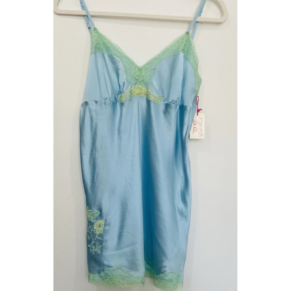 Gold Hawk 100% Silk Lace Camisole Top M Blue Green Embroidered Cami Tank Floral